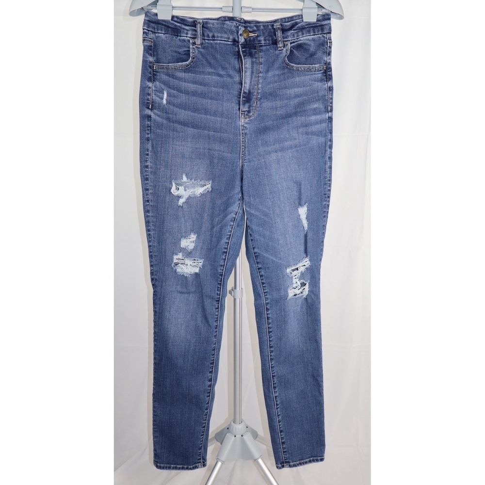 American Eagle Curvy Super Hi-Rise Jegging Blue Distressed Jeans Womens 16 Long